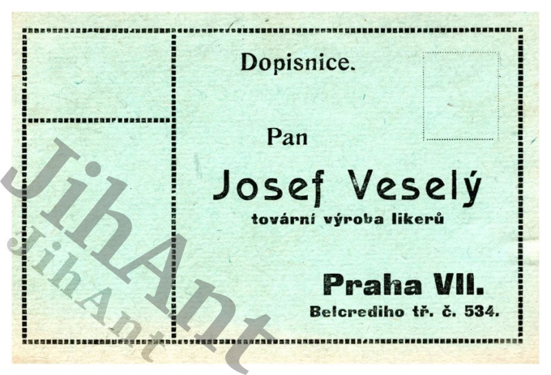 Josef Veselý - tovární výroba likérů - korespondenční lístek