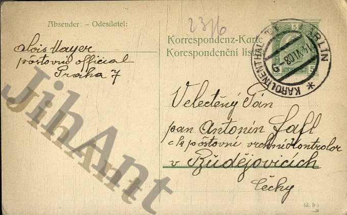 Korespondenční lístek - razítko Karlín