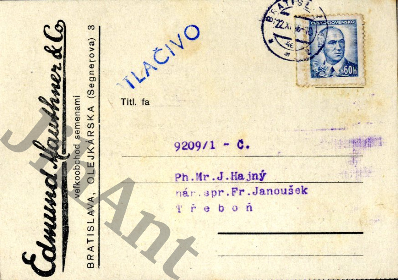 Reklama - Korespondenční lístek - Velkoobchod semenem - Bratislava