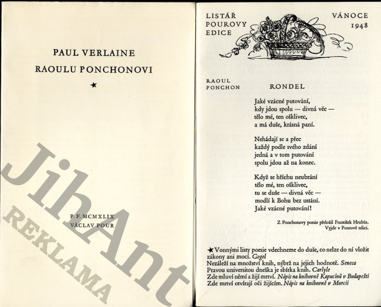 Reklama na knihu - Listář Paurovy edice + Verlaine - Raoulu Ponchonovi