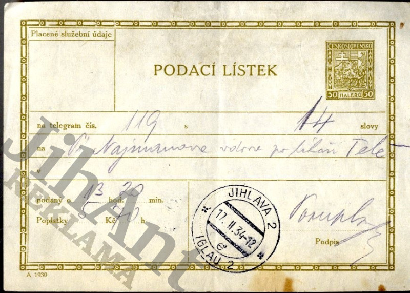 Podací lístek Jihlava 1912