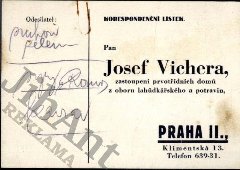 Korespondenční lístek - Josef Vichera - Lahůdkářství - Praha II.