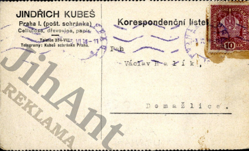Korespondenční lístek - Jindřich Kubeš - Cellulosa, dřevina, papír - Praha