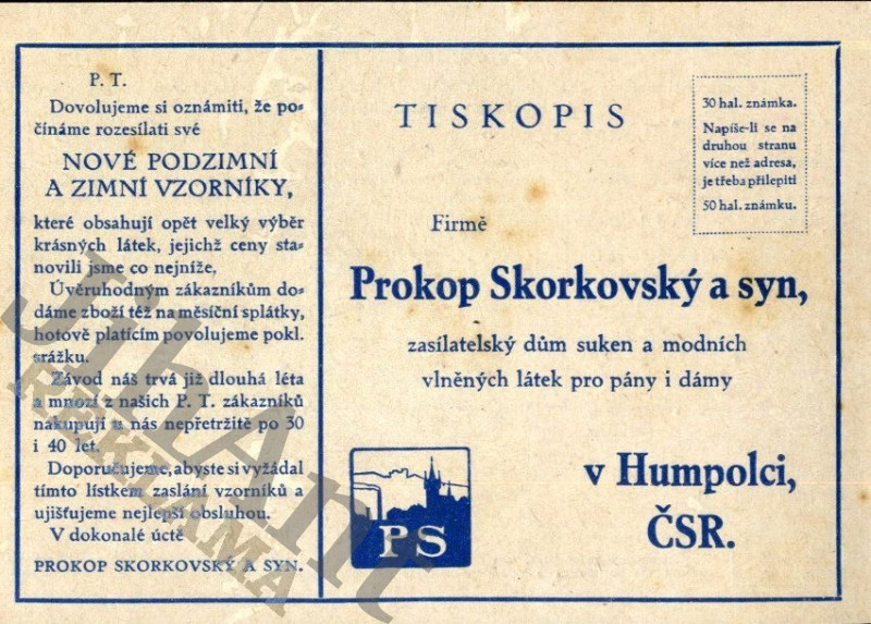 Korespondenční lístek - Prokop Skorkovský a syn