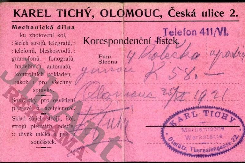 Korespondenční lístek - Karel Tichý - Olomouc