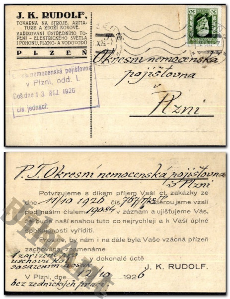 Korespondenční lístek - J. K.Rudolf - Plzeň - 1926