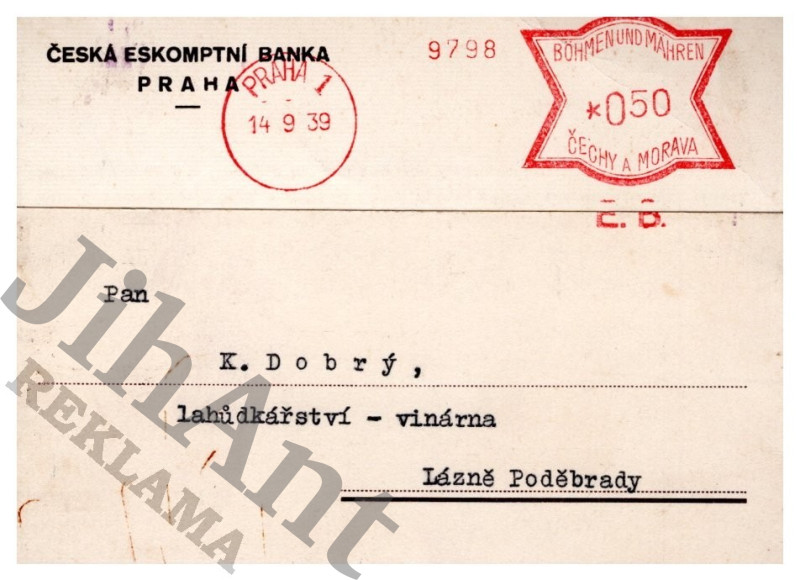 Korespondenční lístek - Česká Eskomptní banka 1939
