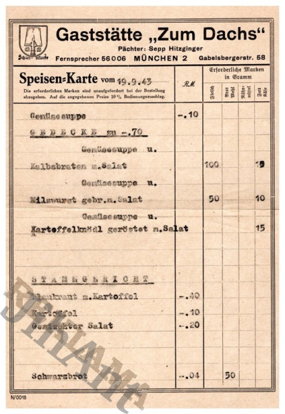 Jídelní lístek - München