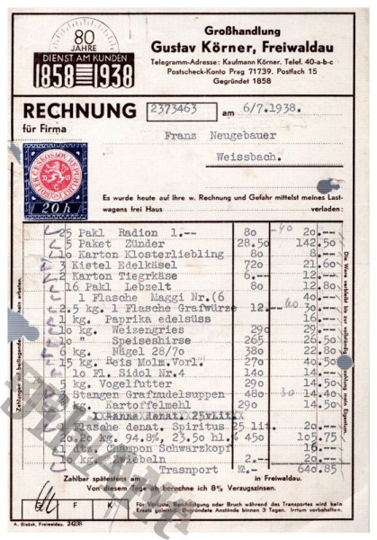 Jídelní lístek - Freiwaldau - 1938