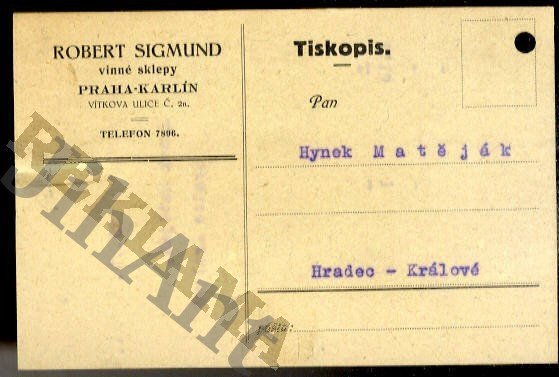 Korespondenční lístek - Robert Sigmund - Vinné sklepy - Praha