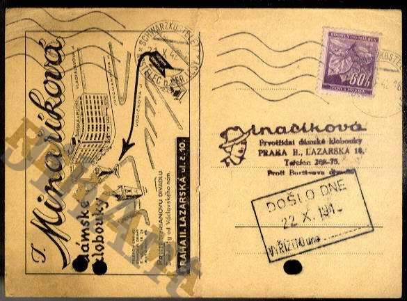 Korespondenční lístek -  J. Minaříková - Dámské klobouky - Praha II.